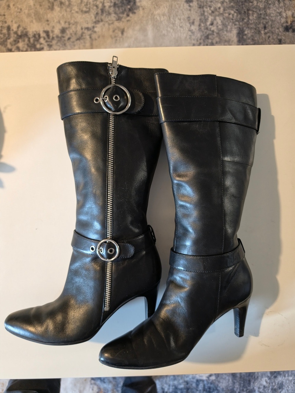 Ecco Black Leather Mid-Calf Heeled Boots with Decorative Buckles